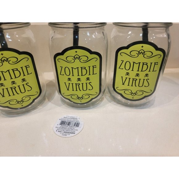 Halloween Zombie Virus Mason Jar Mug Glasses Lids Straws Lot of 3 New - Picture 3 of 5